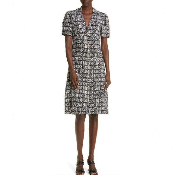 St. John Dresses & Skirts - St John Jared Tweed Print Silk Shirtdress Size 4 Midi Goldtone Buttons